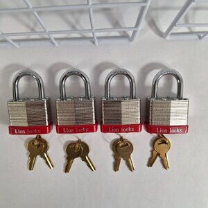 Lion Locks 4  Keyed-Alike Padlocks w/ 1.25" Shackle, 8 Keys Hardened Steel Case